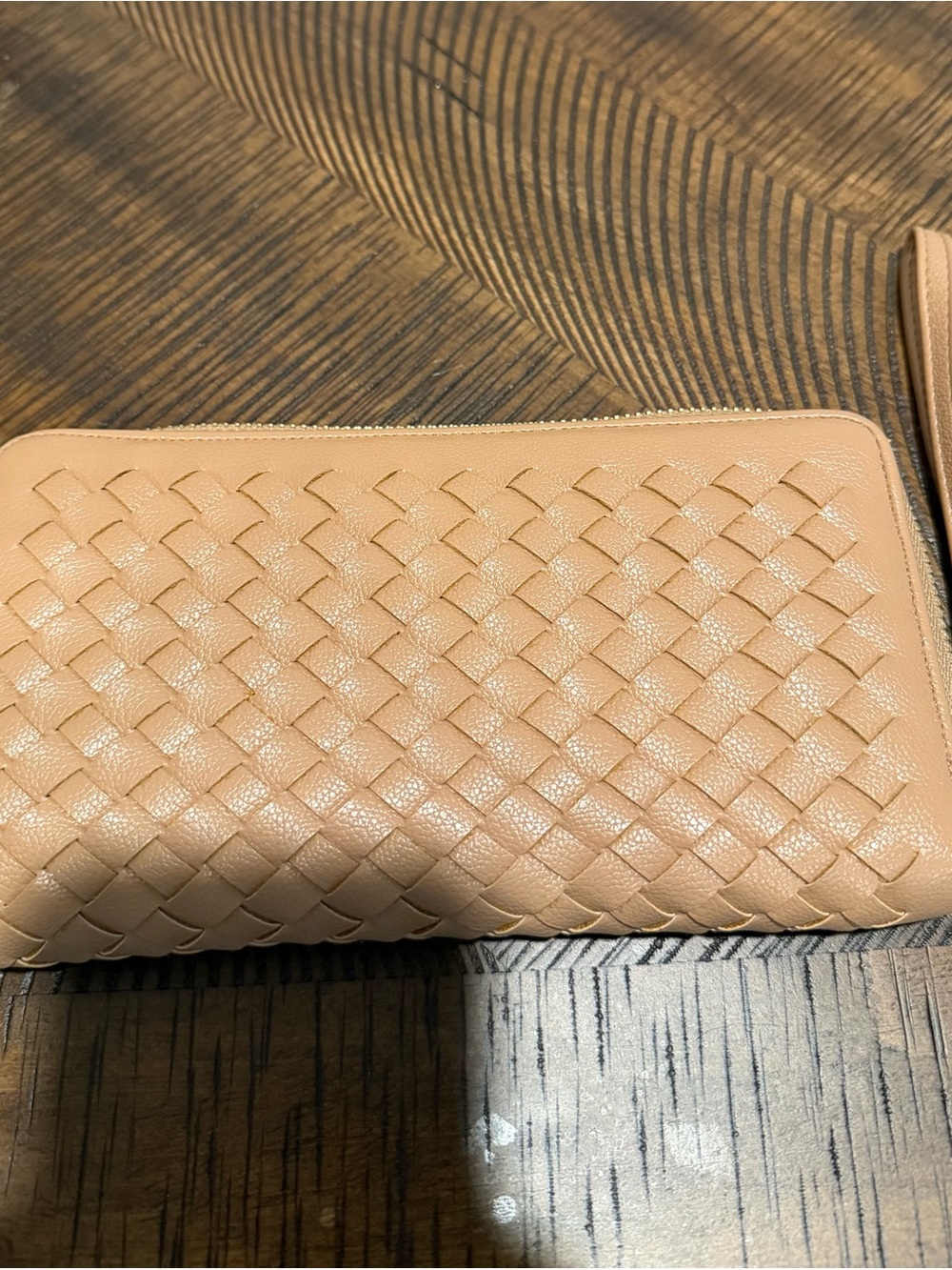 Woven Leather Zip Wallet - Tan